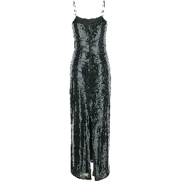 Green Long Dress with Spaghetti Straps and All-Over Sequins in Tech Fabric for Women