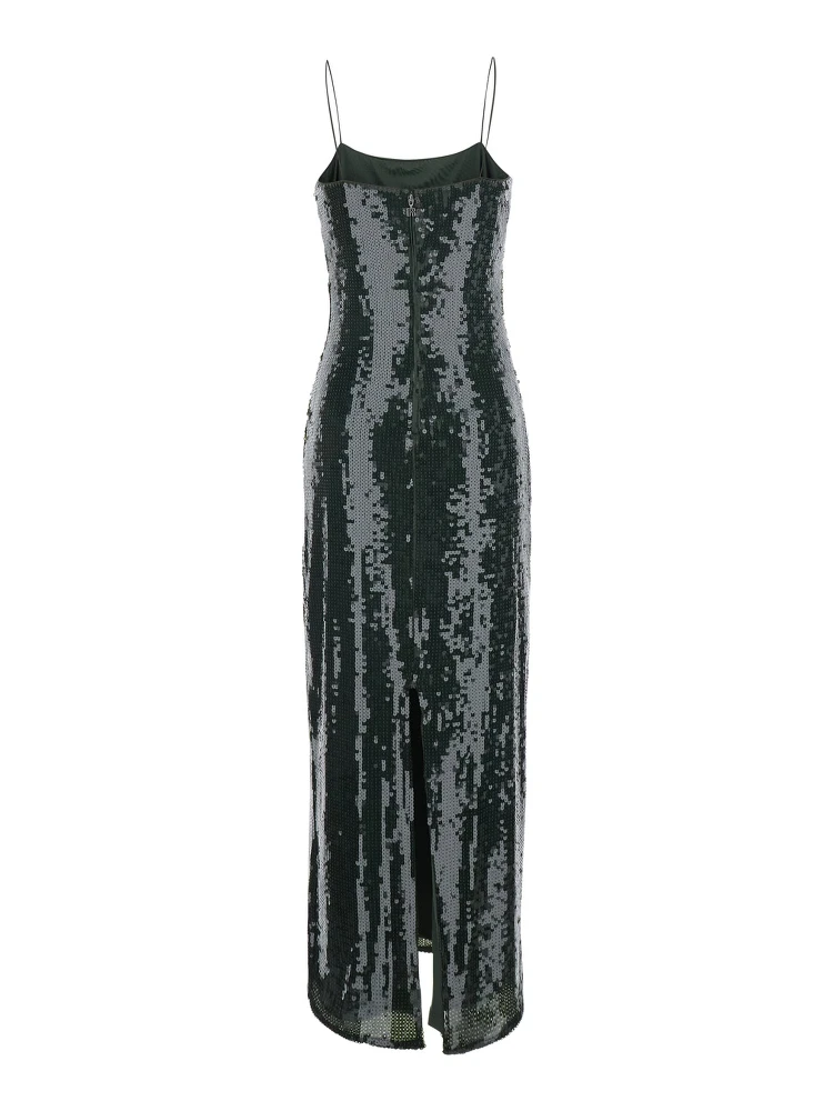 Green Long Dress with Spaghetti Straps and All-Over Sequins in Tech Fabric for Women
