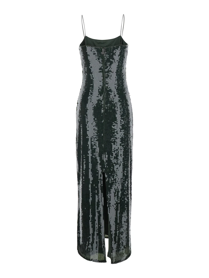 Green Long Dress with Spaghetti Straps and All-Over Sequins in Tech Fabric for Women
