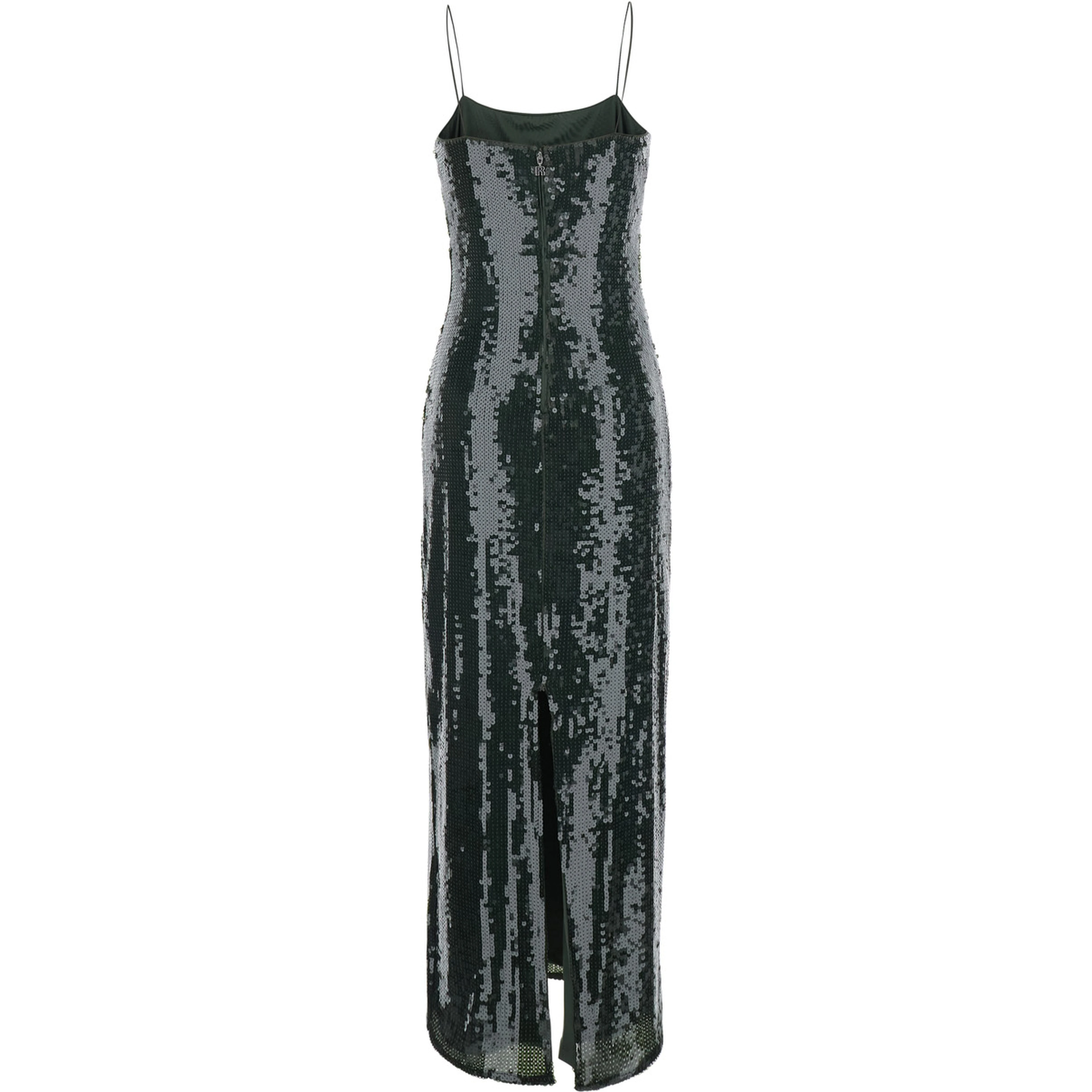 Green Long Dress with Spaghetti Straps and All-Over Sequins in Tech Fabric for Women