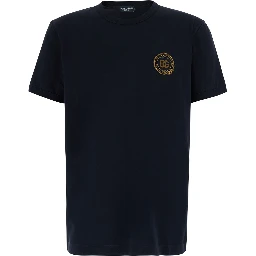 Blue Crew neck T-shirt with logo embroidery on the front in cotton for men