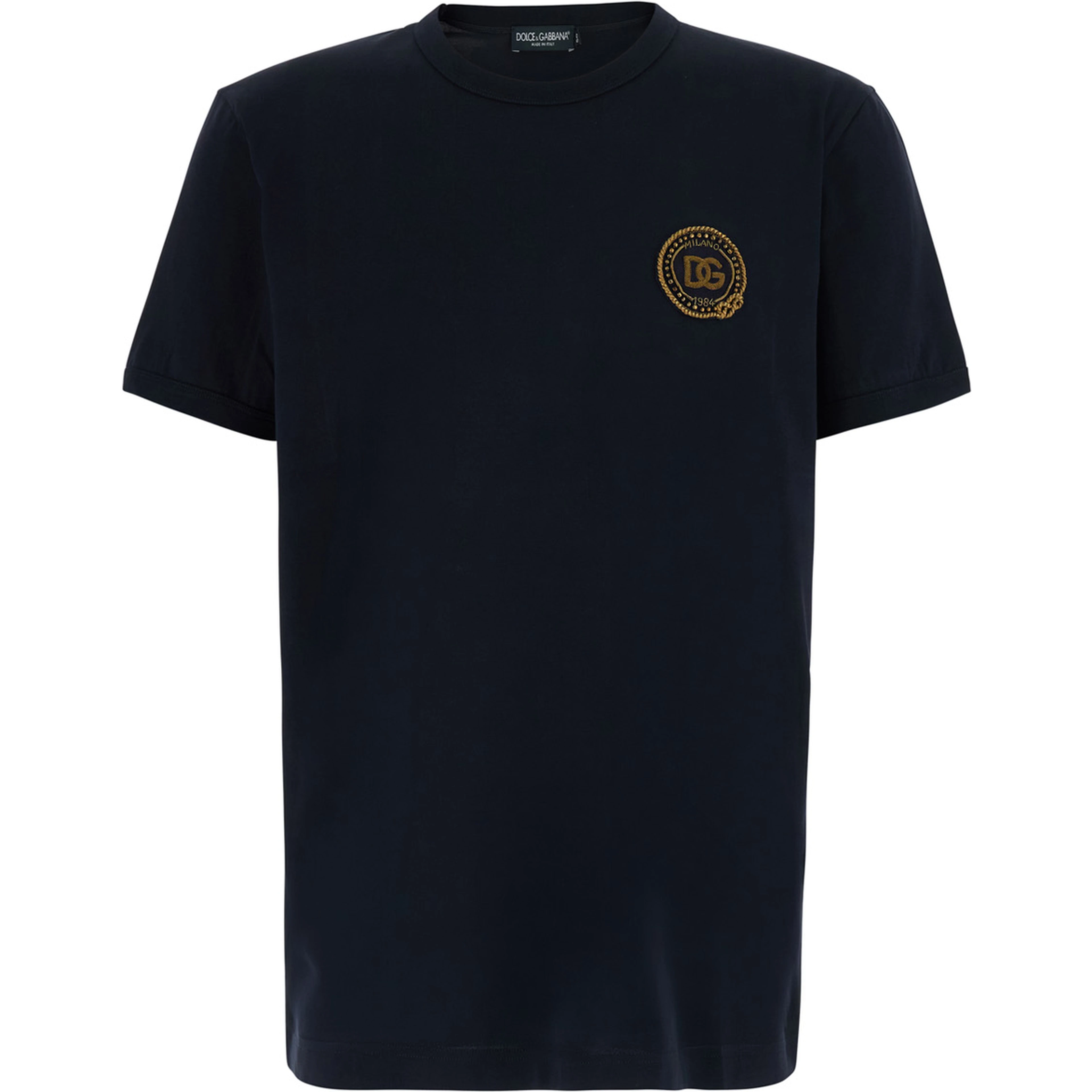 Blue Crew neck T-shirt with logo embroidery on the front in cotton for men