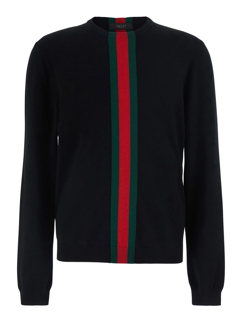 Blue Crewneck Sweater with Web Detail in Wool for Men