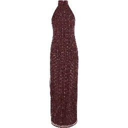 Bordeaux Long sleeveless dress with Halterneck and all-over sequins in Tech Fabric for Women