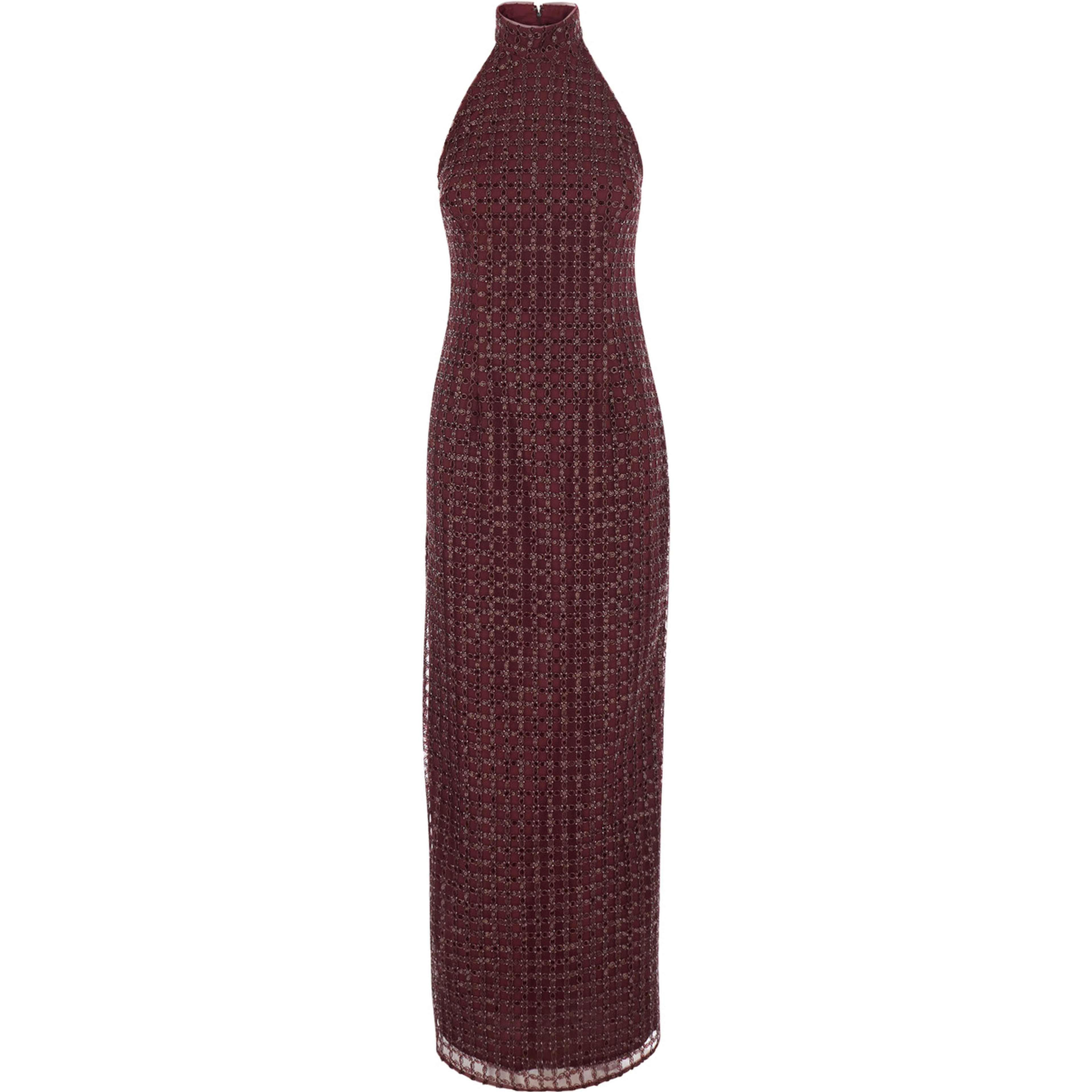 Bordeaux Long sleeveless dress with Halterneck and all-over sequins in Tech Fabric for Women