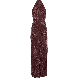 Bordeaux Long sleeveless dress with Halterneck and all-over sequins in Tech Fabric for Women