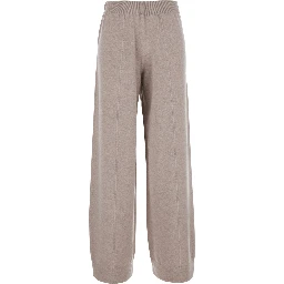 Beige Pants with Elastic Waist and Applied Rhinestones in Wool and Silk for Women