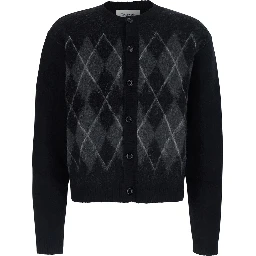 BRUSHED ARGYLE CARDIGAN is a V-neck sweater with long sleeves made of Acrylic, Nylon, Alpaca, and Wool in Black for men.