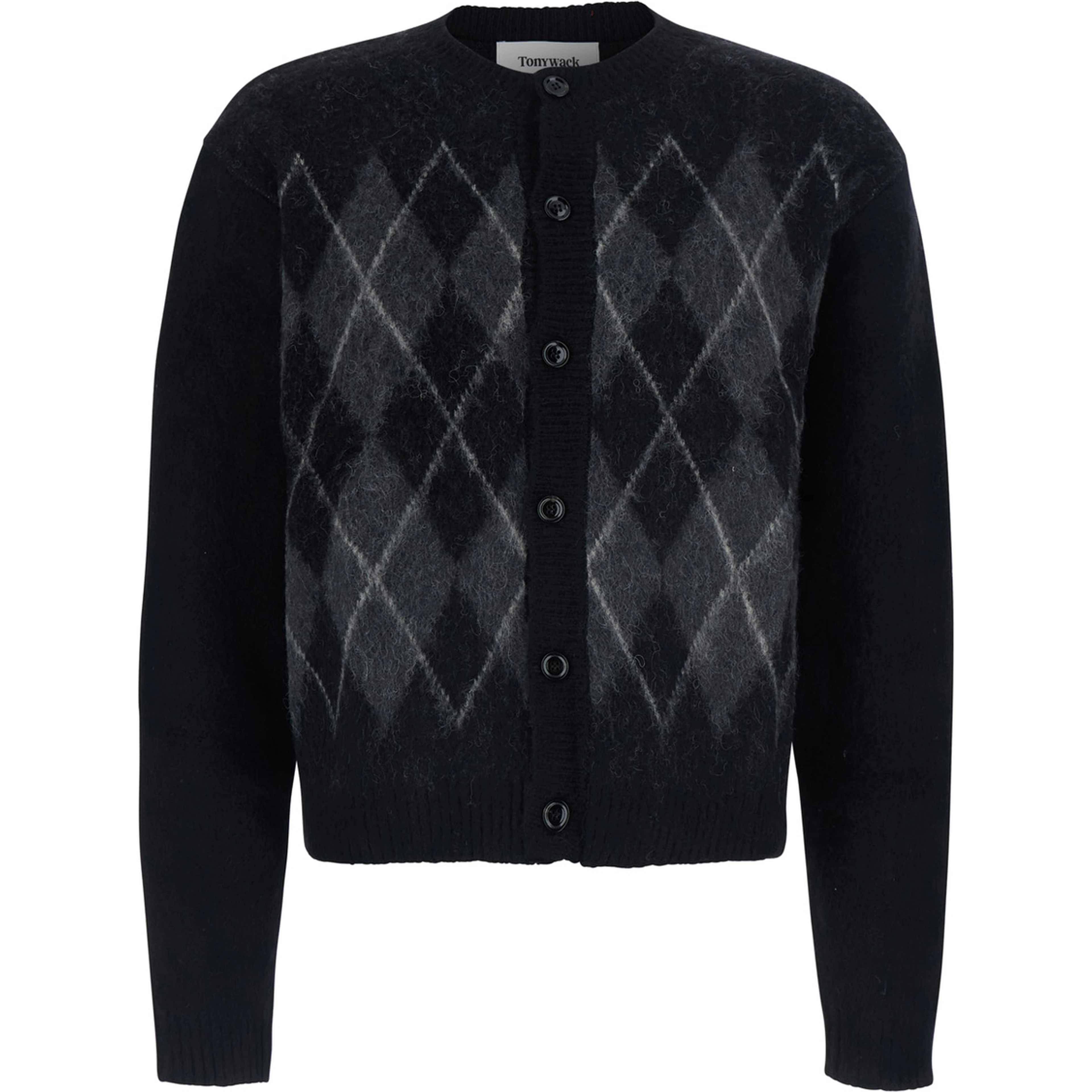 BRUSHED ARGYLE CARDIGAN is a V-neck sweater with long sleeves made of Acrylic, Nylon, Alpaca, and Wool in Black for men.
