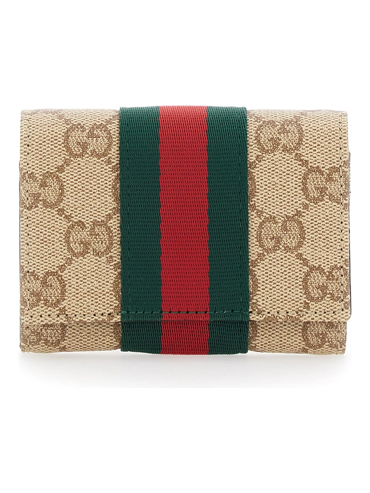 beige Card holder with Web Stripe and GG all-over motif in fabric for women