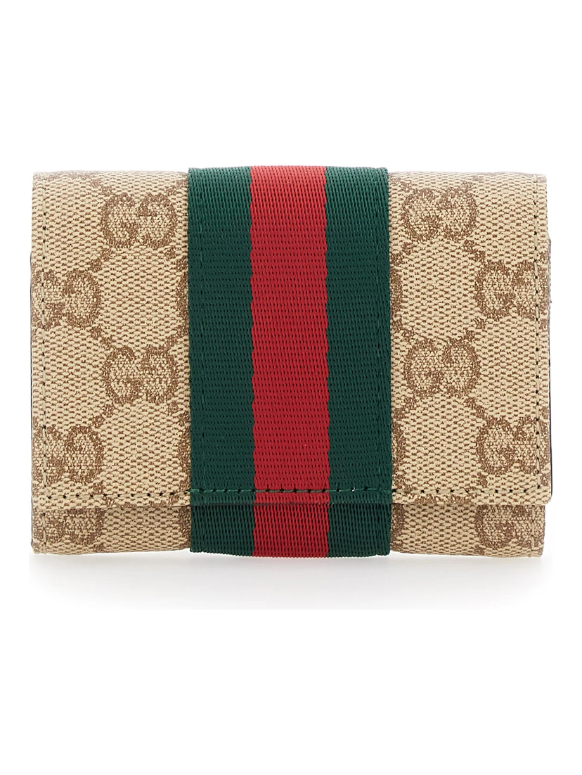 beige Card holder with Web Stripe and GG all-over motif in fabric for women
