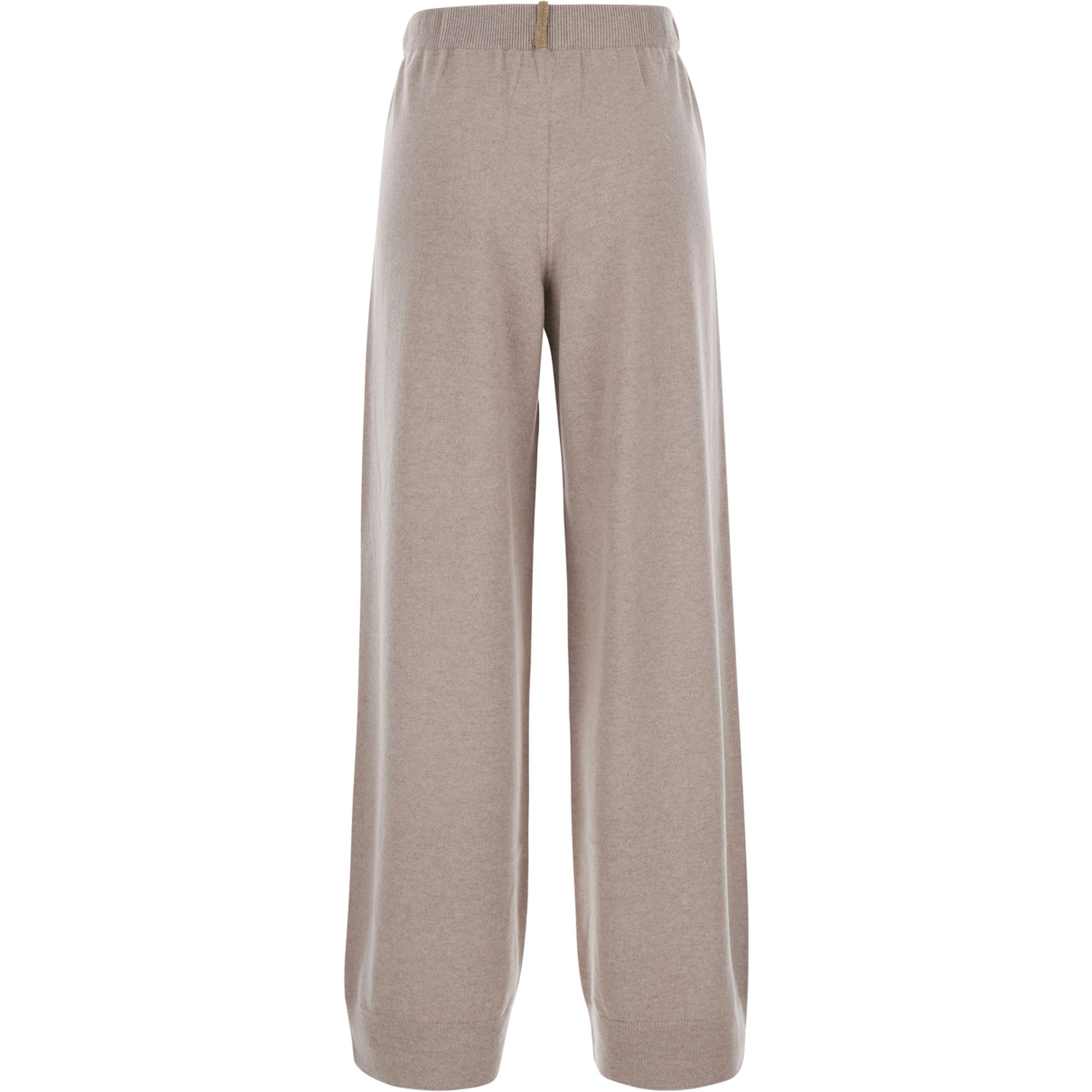 Beige Pants with Elastic Waist and Applied Rhinestones in Wool and Silk for Women