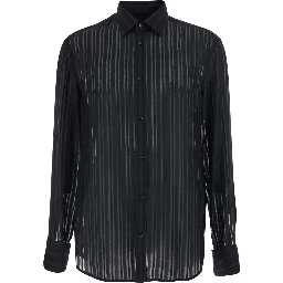Black Shirt with Classic Collar and All-Over Striped Pattern in Silk for Men