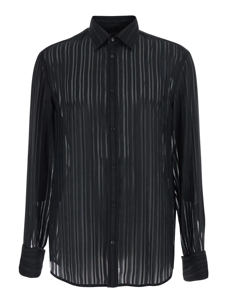 Black Shirt with Classic Collar and All-Over Striped Pattern in Silk for Men