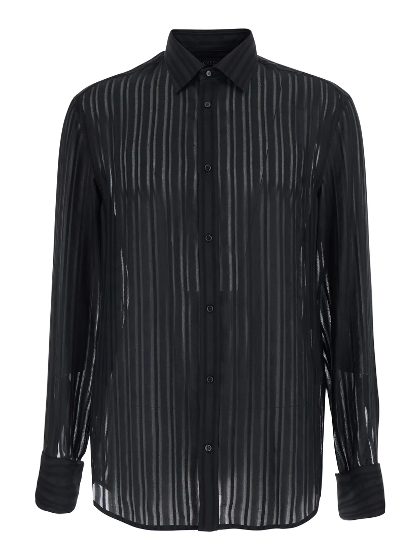 Black Shirt with Classic Collar and All-Over Striped Pattern in Silk for Men