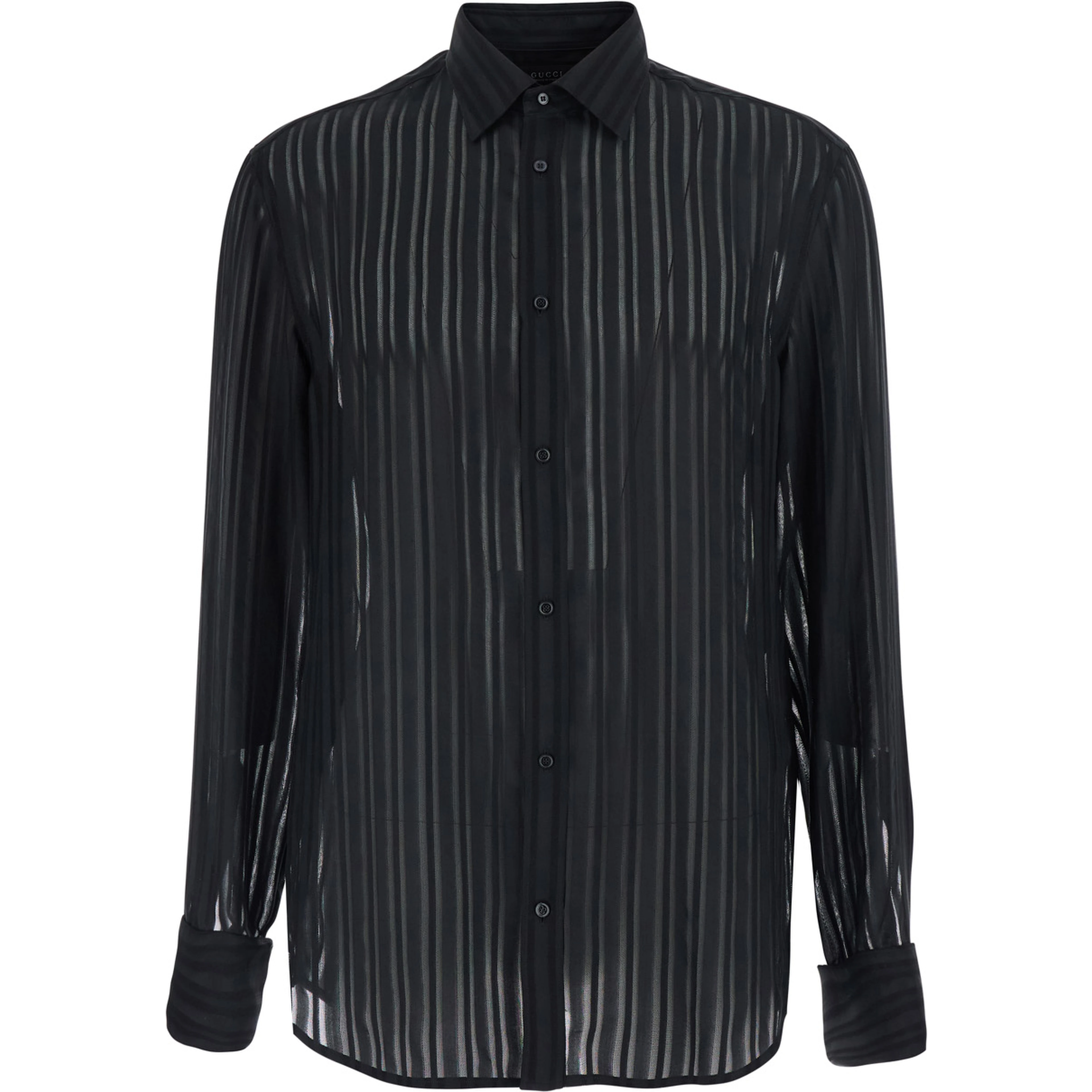 Black Shirt with Classic Collar and All-Over Striped Pattern in Silk for Men