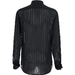 Black Shirt with Classic Collar and All-Over Striped Pattern in Silk for Men