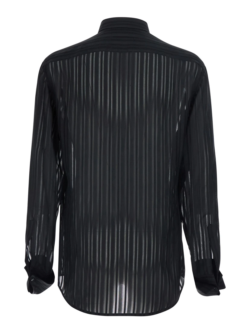 Black Shirt with Classic Collar and All-Over Striped Pattern in Silk for Men