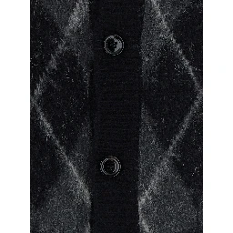 BRUSHED ARGYLE CARDIGAN is a V-neck sweater with long sleeves made of Acrylic, Nylon, Alpaca, and Wool in Black for men.