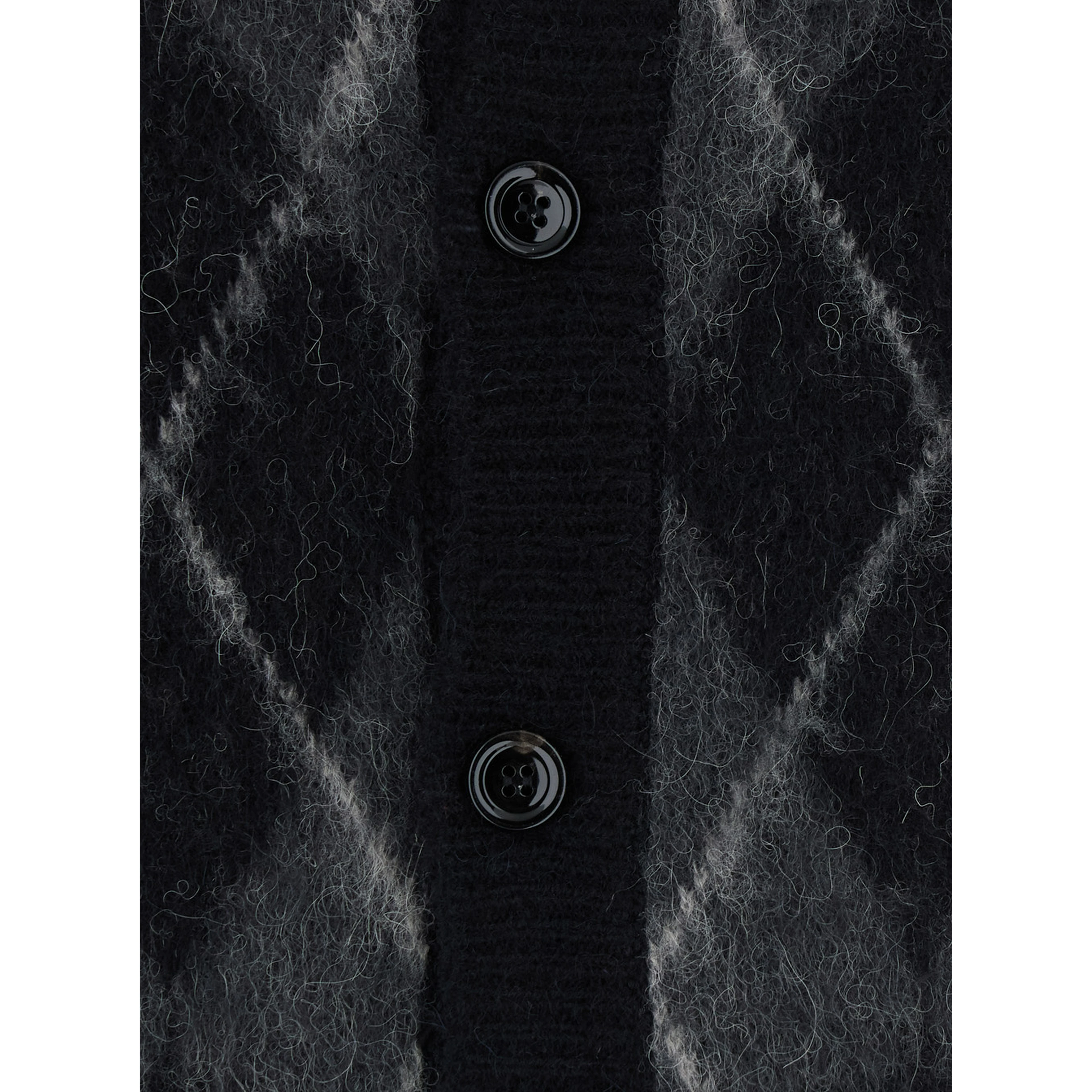 BRUSHED ARGYLE CARDIGAN is a V-neck sweater with long sleeves made of Acrylic, Nylon, Alpaca, and Wool in Black for men.