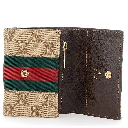 beige Card holder with Web Stripe and GG all-over motif in fabric for women
