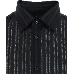 Black Shirt with Classic Collar and All-Over Striped Pattern in Silk for Men