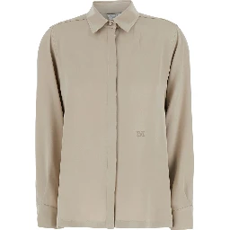 Geranio Beige Shirt with Classic Collar and Logo Embroidery on the Front in Silk for Women