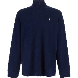 Blue Sweatshirt with Half Zip Closure on the Front and Pony on the Front in Cotton for Men