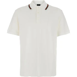 White Polo Shirt with Web Collar and Short Sleeves in Cotton for Men