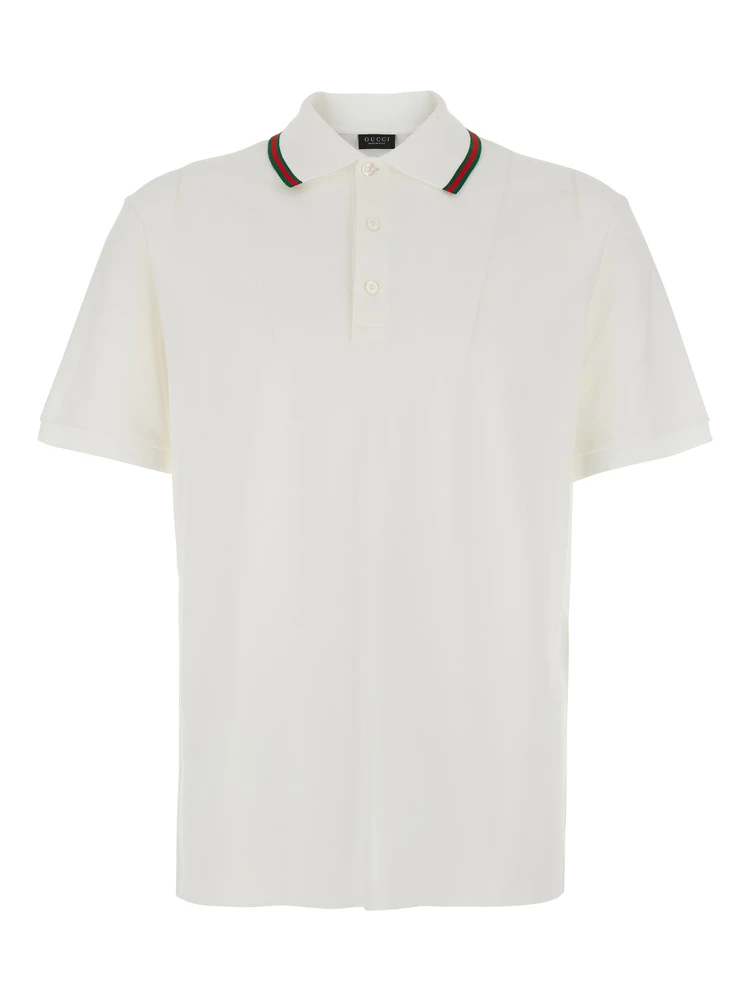 White Polo Shirt with Web Collar and Short Sleeves in Cotton for Men