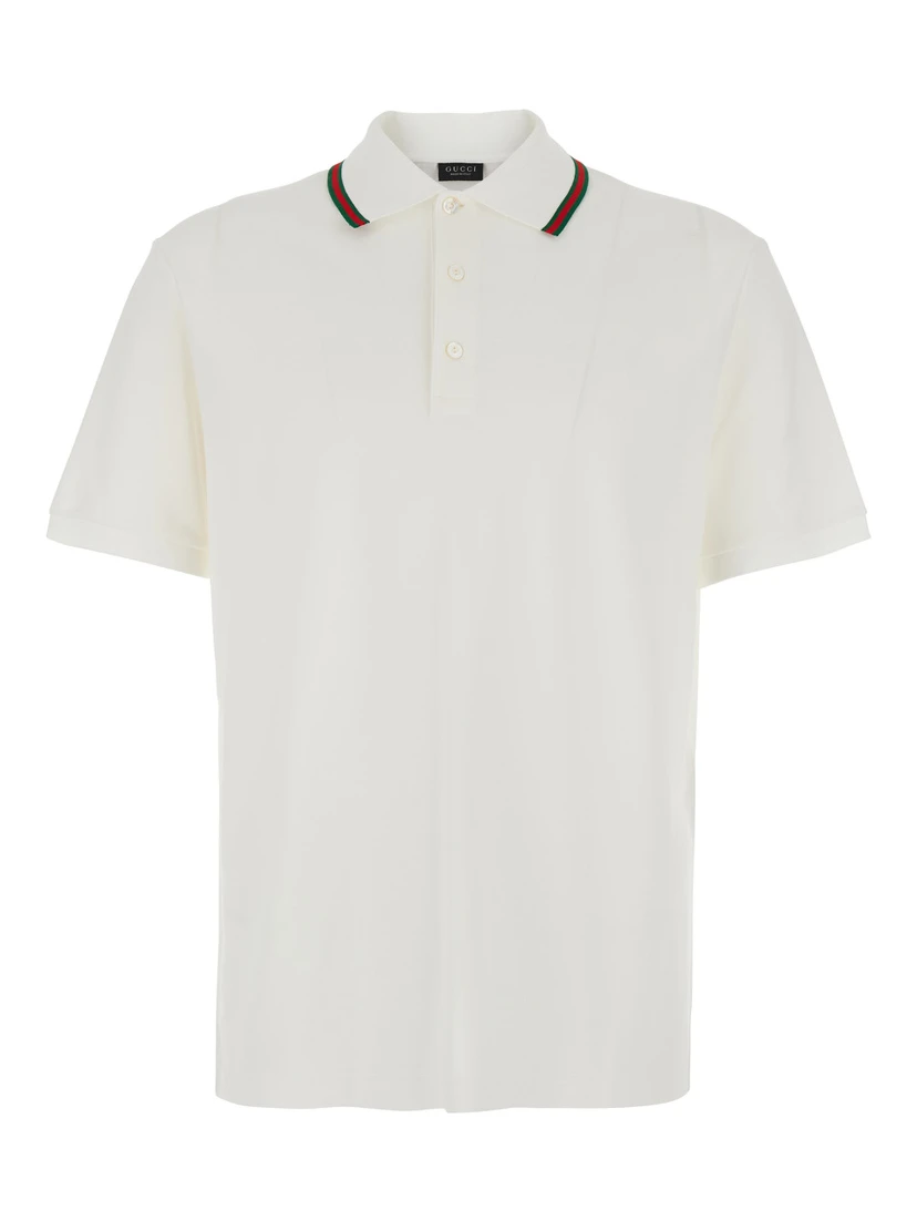 White Polo Shirt with Web Collar and Short Sleeves in Cotton for Men