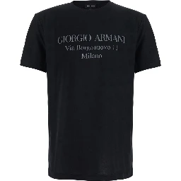 Black Crew neck t-shirt with address print in cotton for men