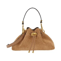 Cinch beige Crossbody bag with drawstring closure in suede for women
