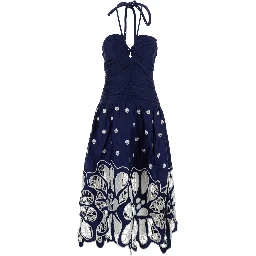 Blue Long Sleeveless Dress with Halterneck with Pearls and Richelieu Embroidery in Cotton for Women