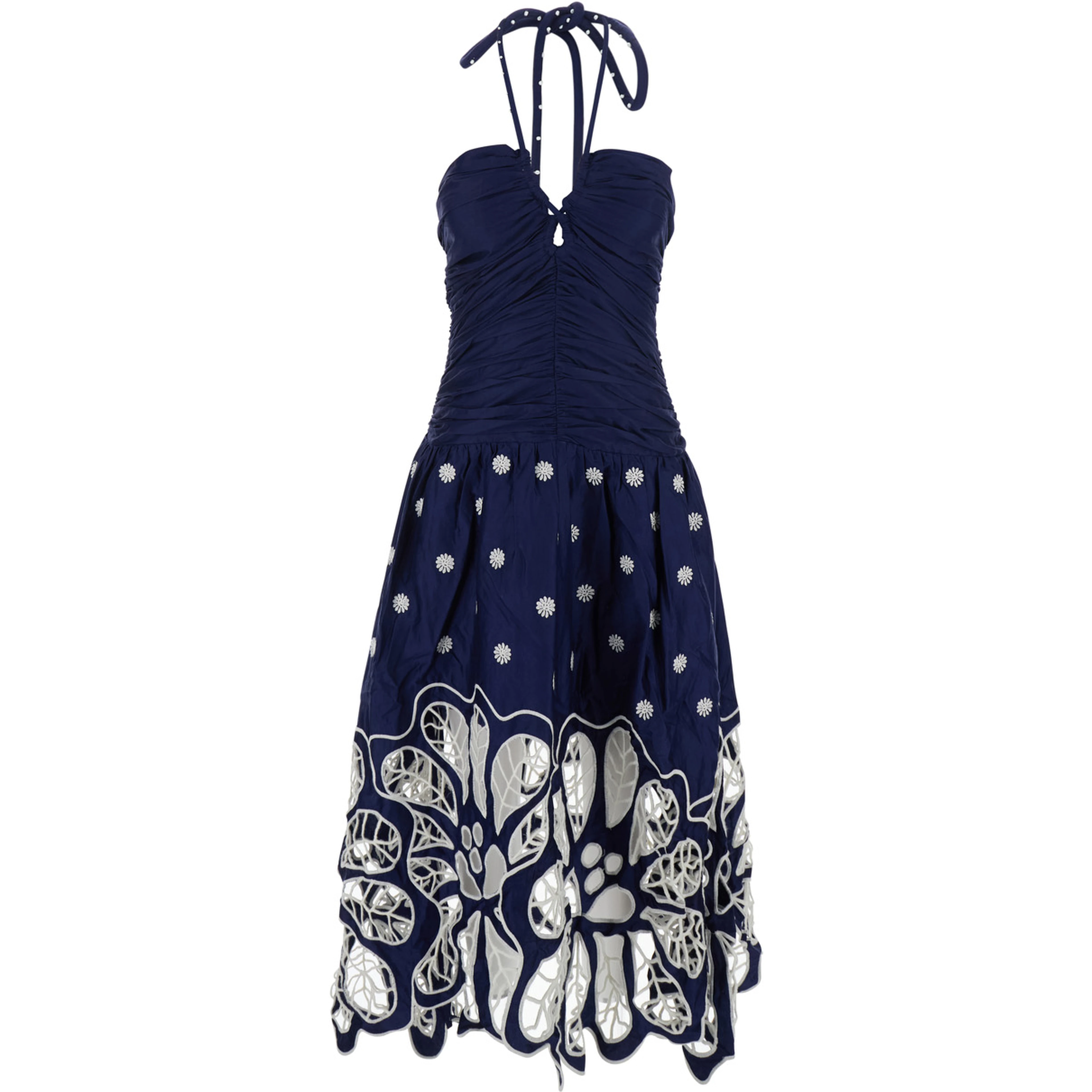 Blue Long Sleeveless Dress with Halterneck with Pearls and Richelieu Embroidery in Cotton for Women