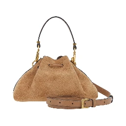 Cinch beige Crossbody bag with drawstring closure in suede for women