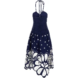 Blue Long Sleeveless Dress with Halterneck with Pearls and Richelieu Embroidery in Cotton for Women