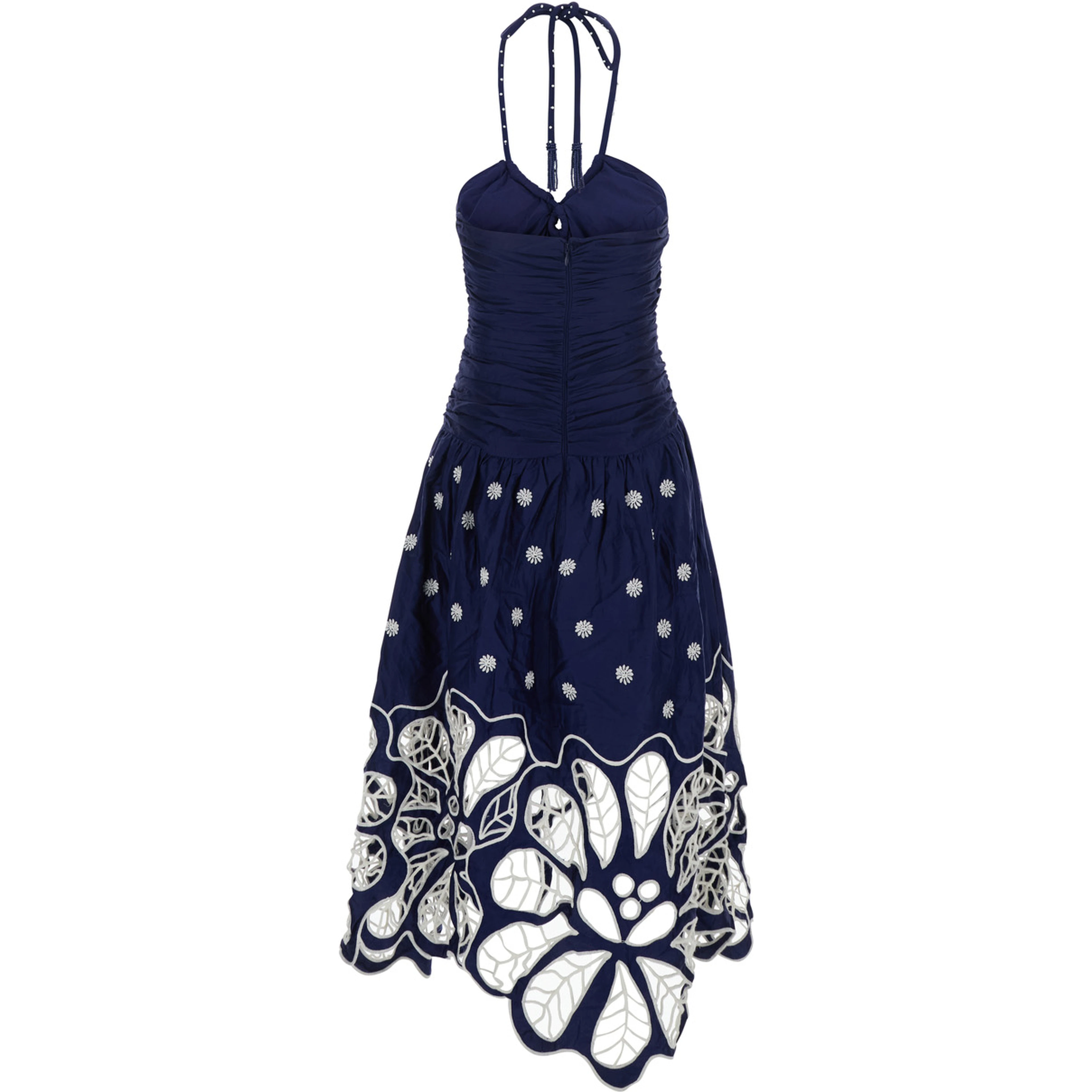 Blue Long Sleeveless Dress with Halterneck with Pearls and Richelieu Embroidery in Cotton for Women