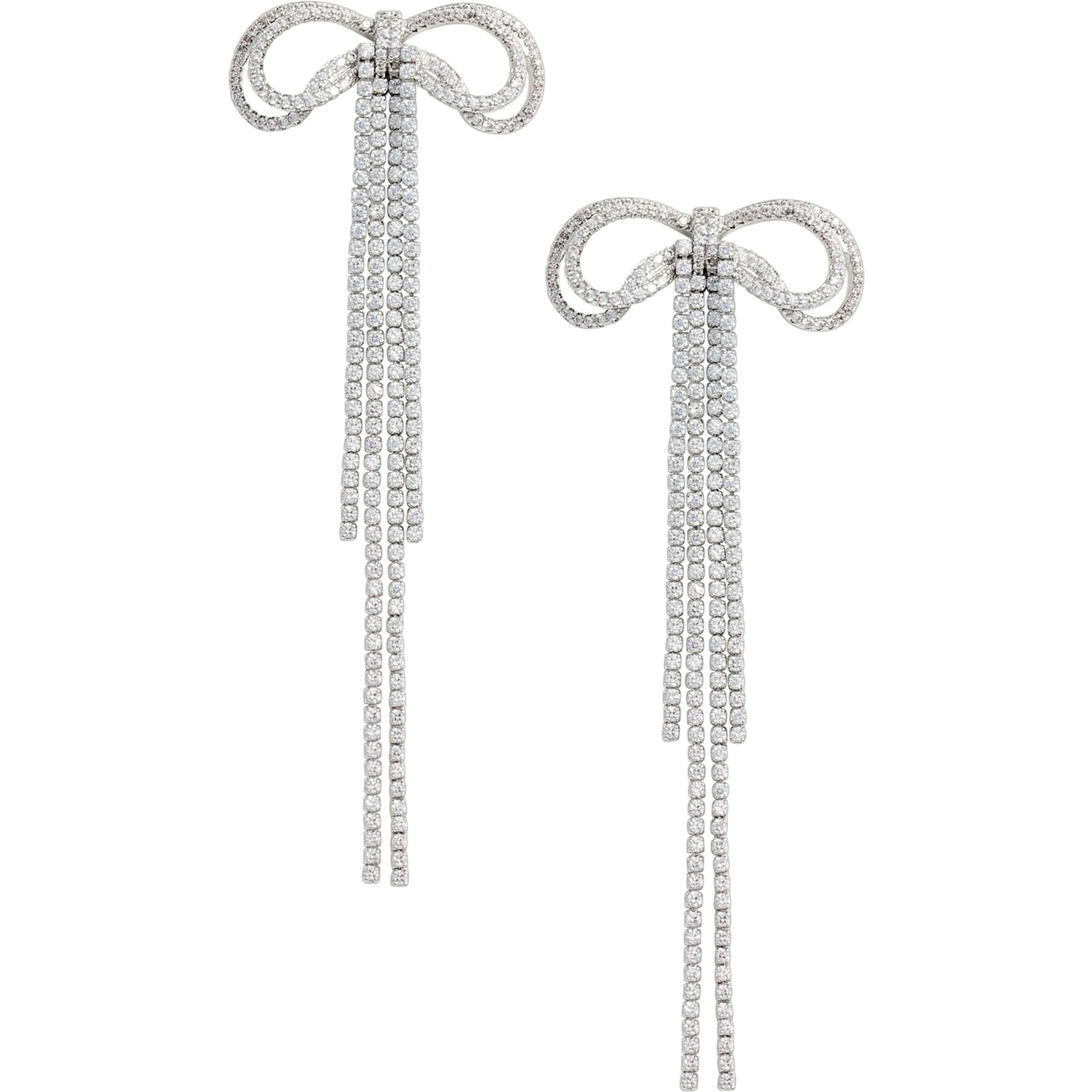 Silver-Colored Bow and Crystal Drop Earrings in Metal for Women