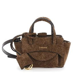 Brown Mini Handbag with Adjustable Shoulder Strap and Front Pocket in Suede for Women