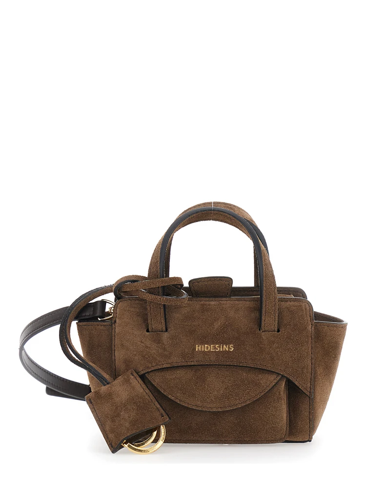 Brown Mini Handbag with Adjustable Shoulder Strap and Front Pocket in Suede for Women