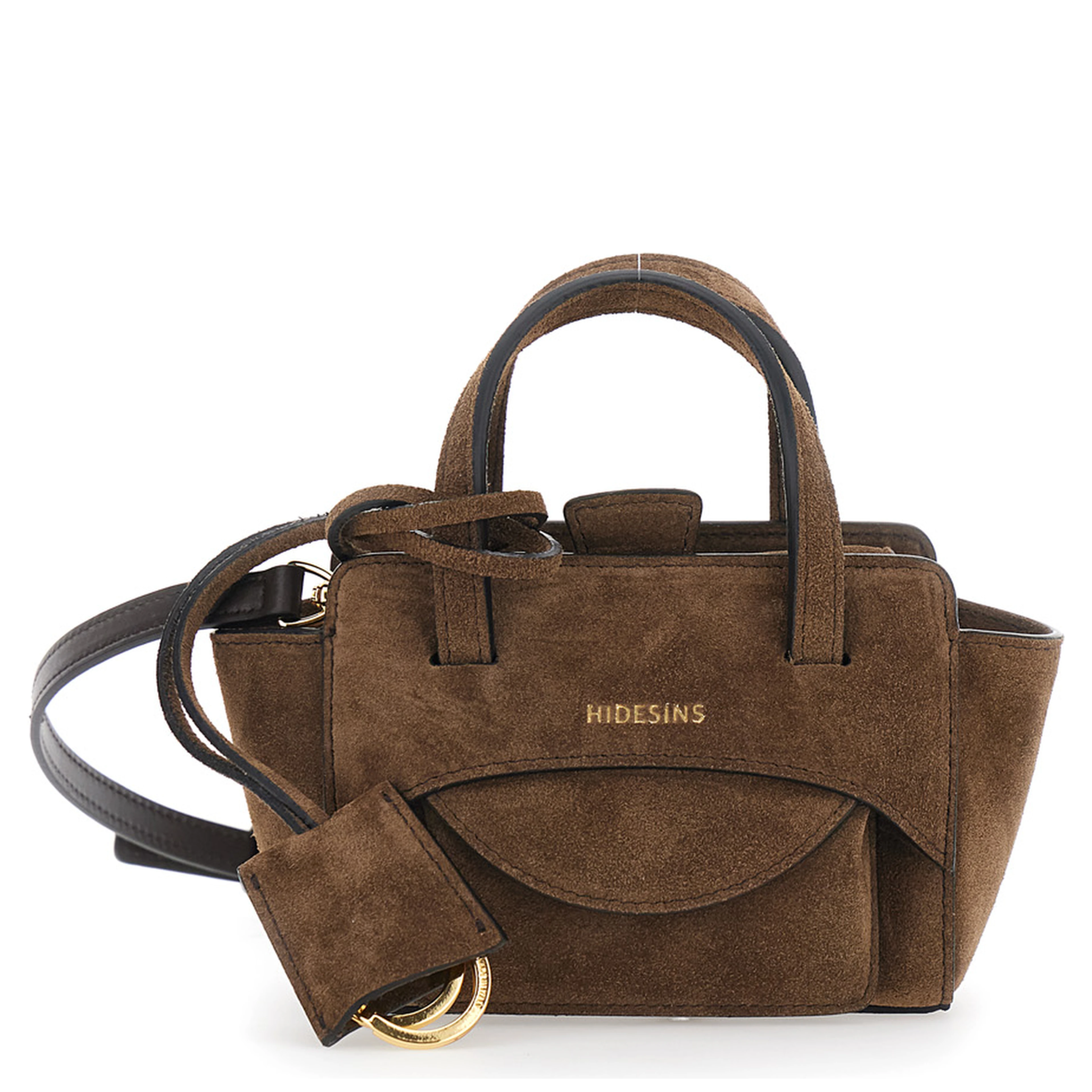 Brown Mini Handbag with Adjustable Shoulder Strap and Front Pocket in Suede for Women