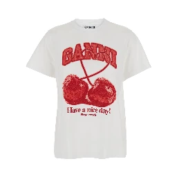 White Crew neck T-shirt with large logo lettering and cherries on the front in cotton for women
