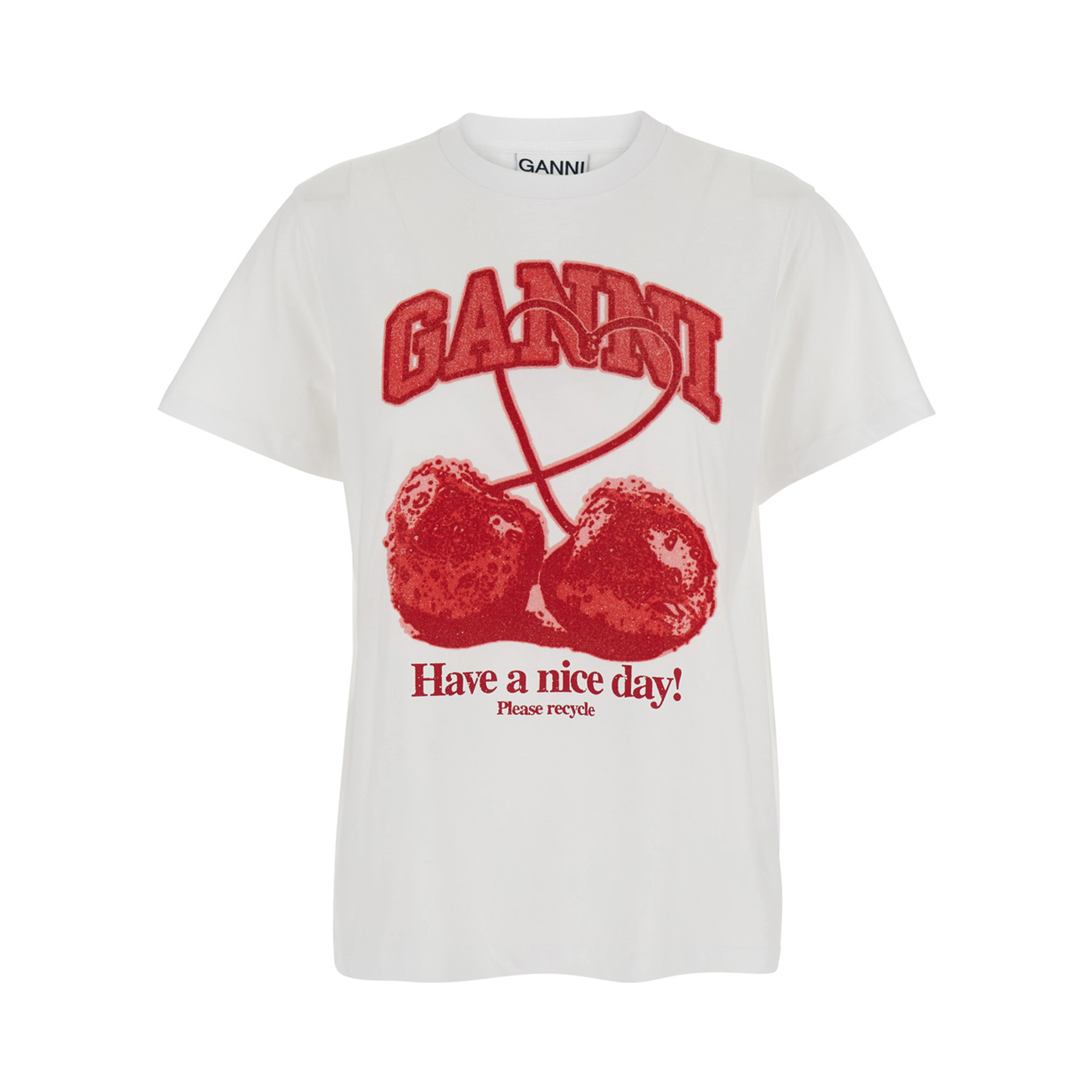 White Crew neck T-shirt with large logo lettering and cherries on the front in cotton for women