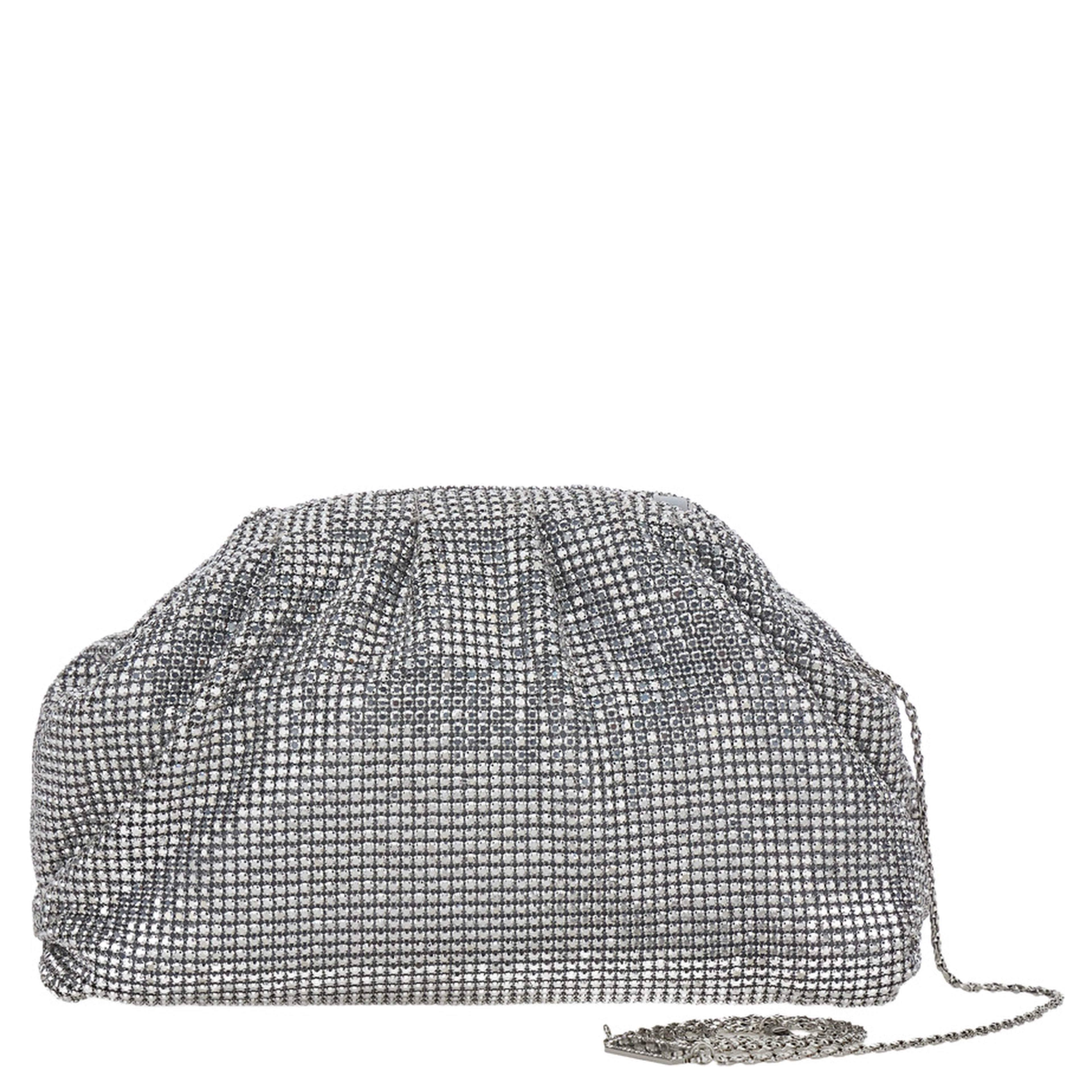 PETRA POUCH BAG with metal closure and removable crystal mesh shoulder strap for women