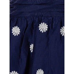 Blue Long Sleeveless Dress with Halterneck with Pearls and Richelieu Embroidery in Cotton for Women