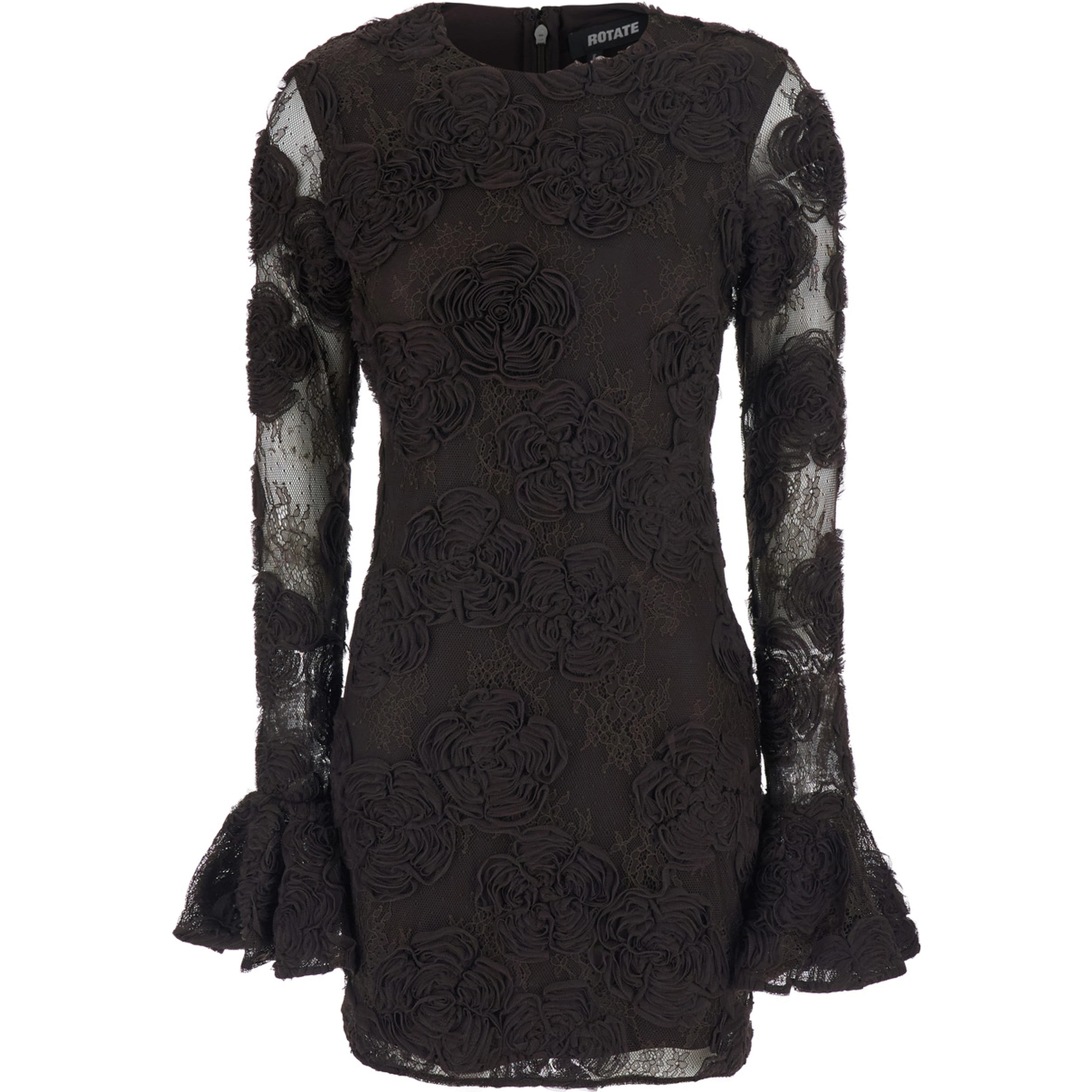 Brown Mini dress with all-over floral embroidery and long flared sleeves in Tech Fabric for women