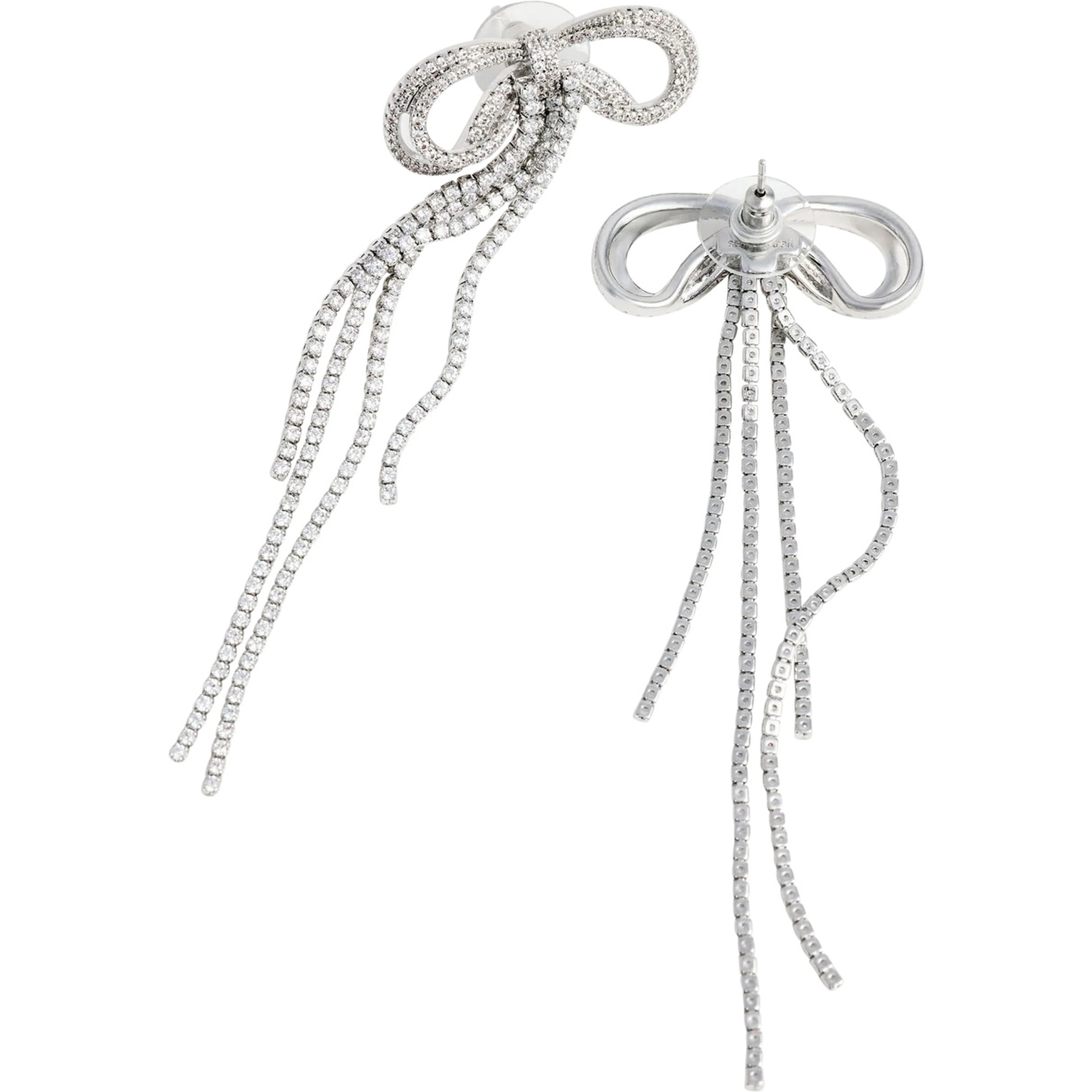 Silver-Colored Bow and Crystal Drop Earrings in Metal for Women