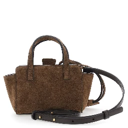 Brown Mini Handbag with Adjustable Shoulder Strap and Front Pocket in Suede for Women