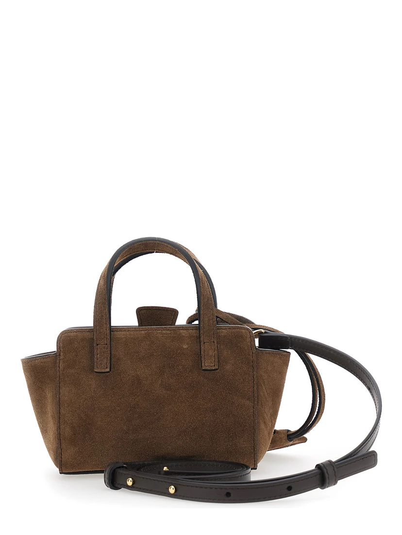 Brown Mini Handbag with Adjustable Shoulder Strap and Front Pocket in Suede for Women